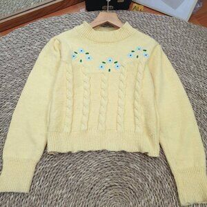 🌼 Yellow Floral Embroidered Cable Knit Cropped Sweater 🌼